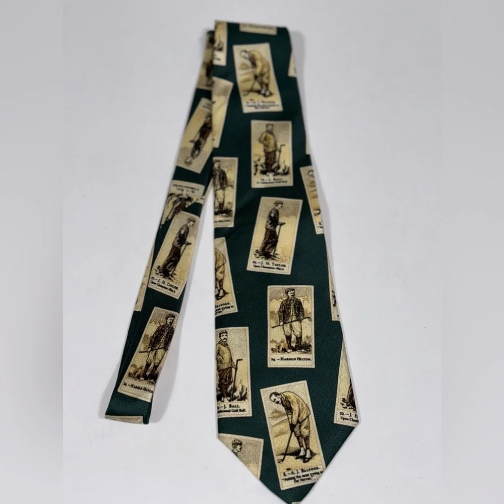 Men's Tie Green Golf Legends Ball Balfour Hilton Taylor AKA Eddie Bauer- silk